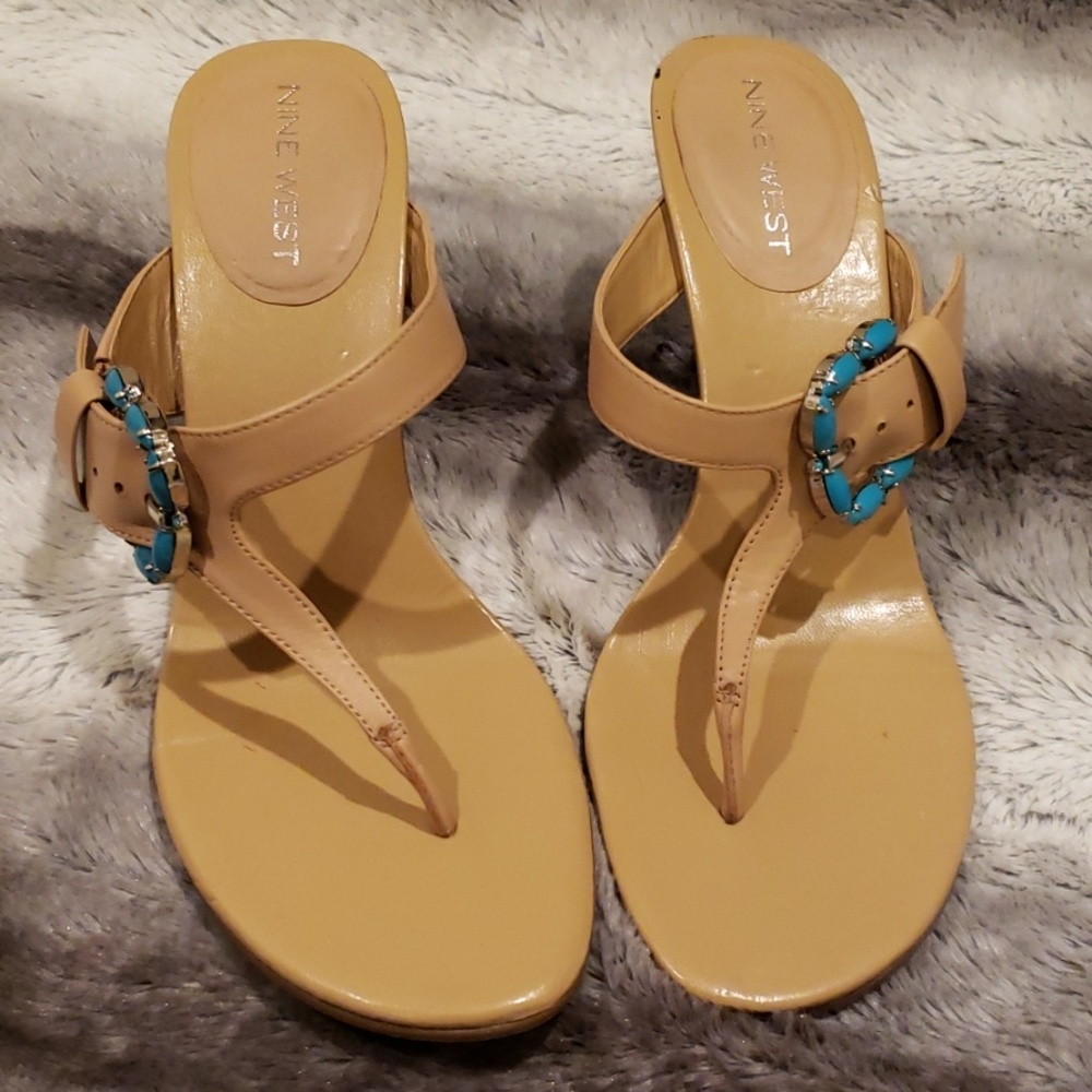 Light tan sandals turquoise buckle